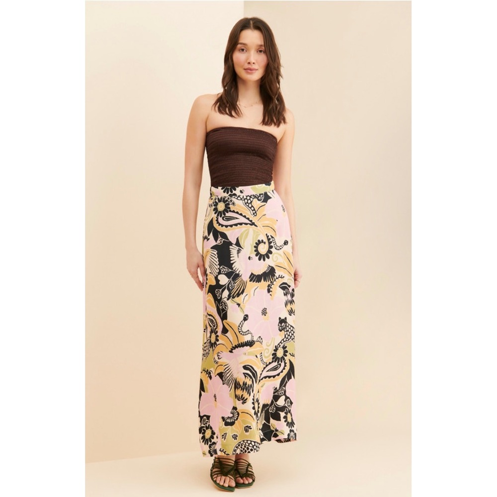 Farm Rio Maxi Skirt Women Large Pink Floral Tropical Leopard Good Condition